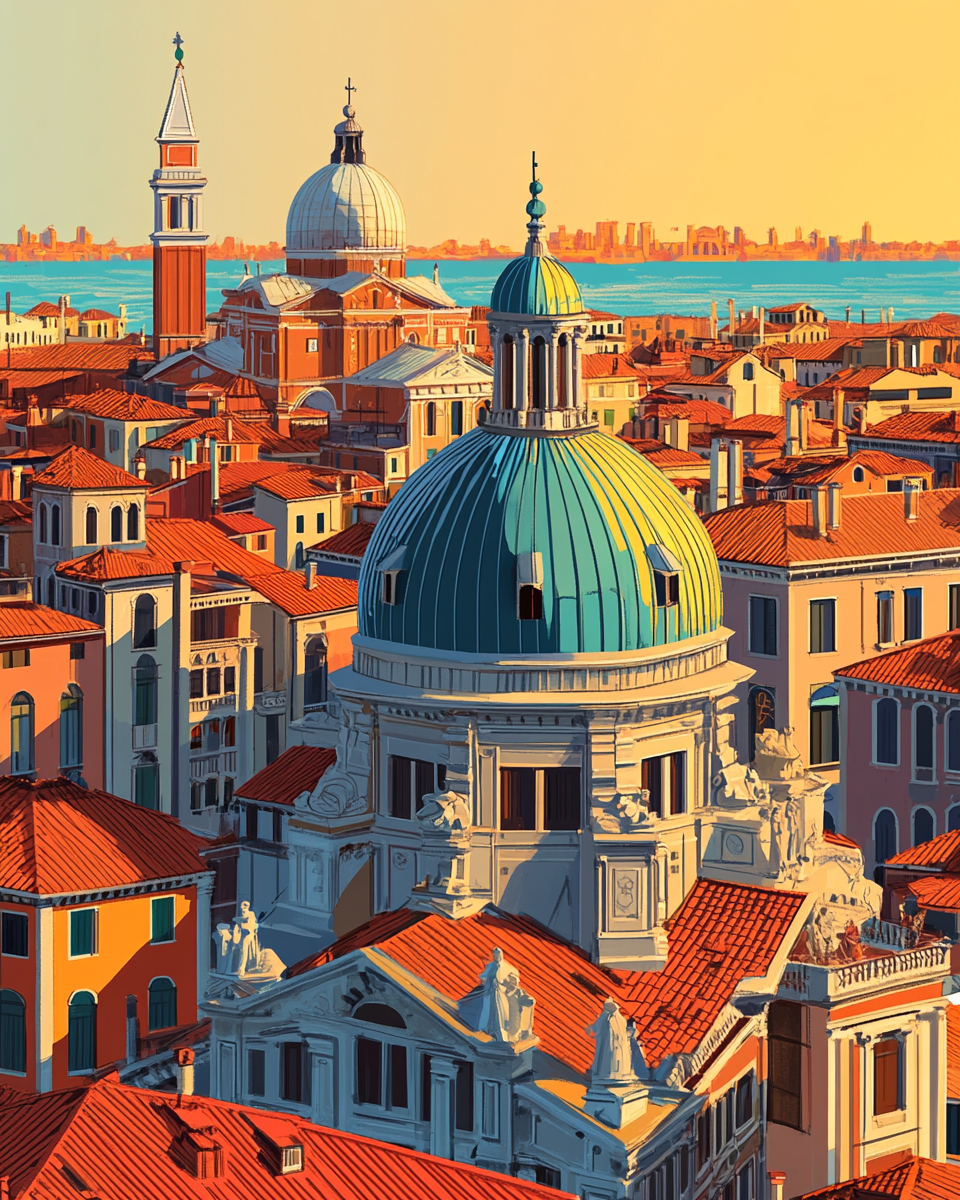 A Vibrant Sunset over Venice's Colorful Architecture