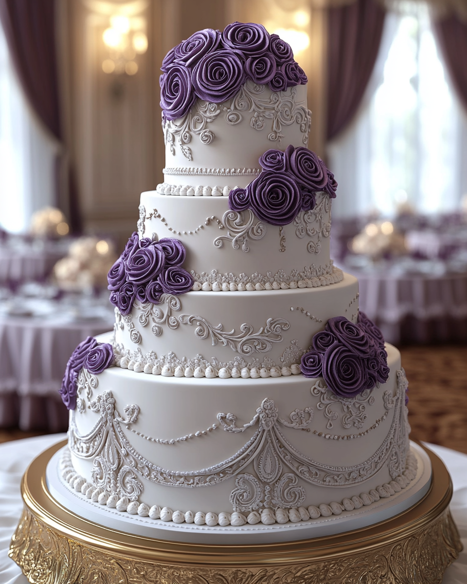 A Victorian-inspired tall wedding cake in purple swirls