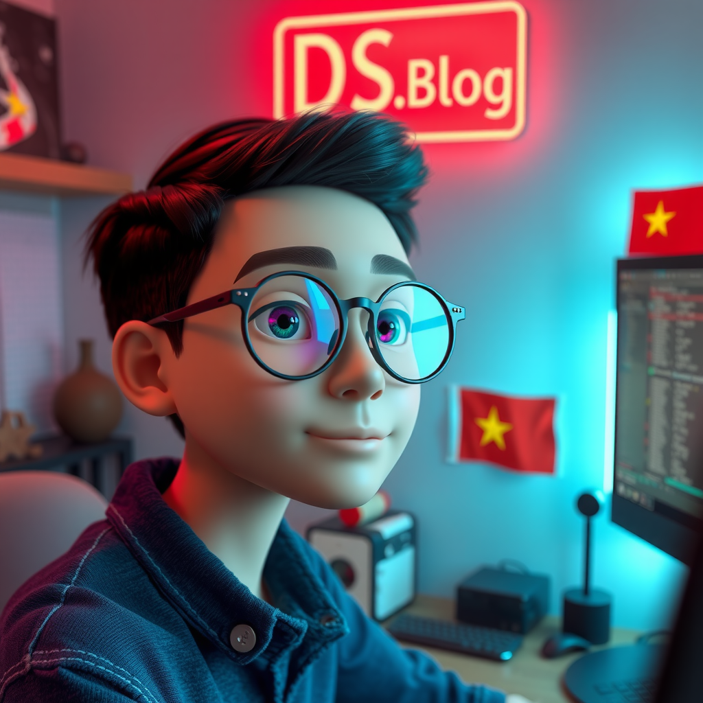 A Vietnam boy with glasses in a coding room.