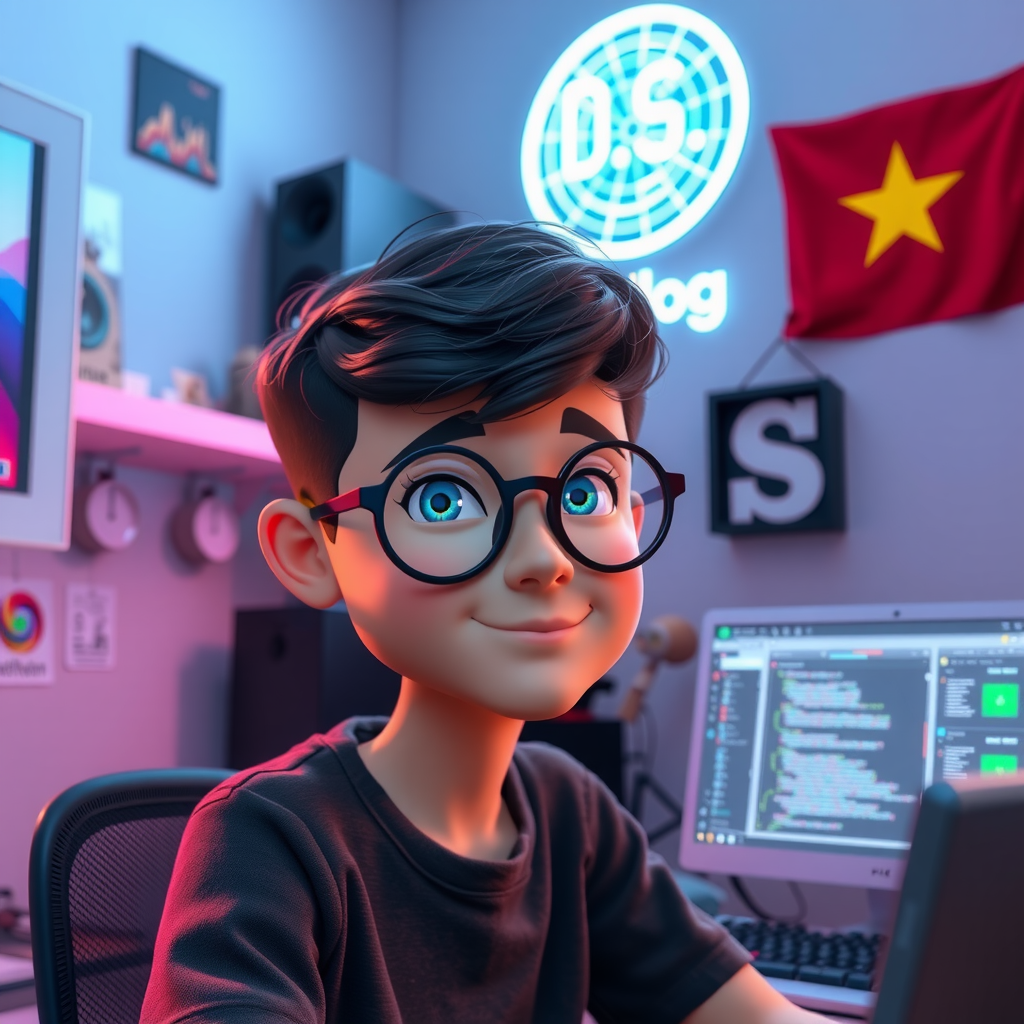 A Vietnamese boy with round glasses at his desk.