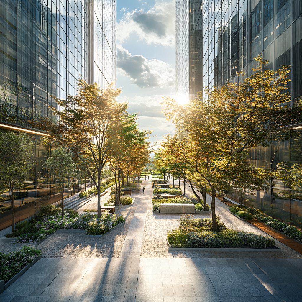 A View of Modern Downtown Garden with Trees and Benches