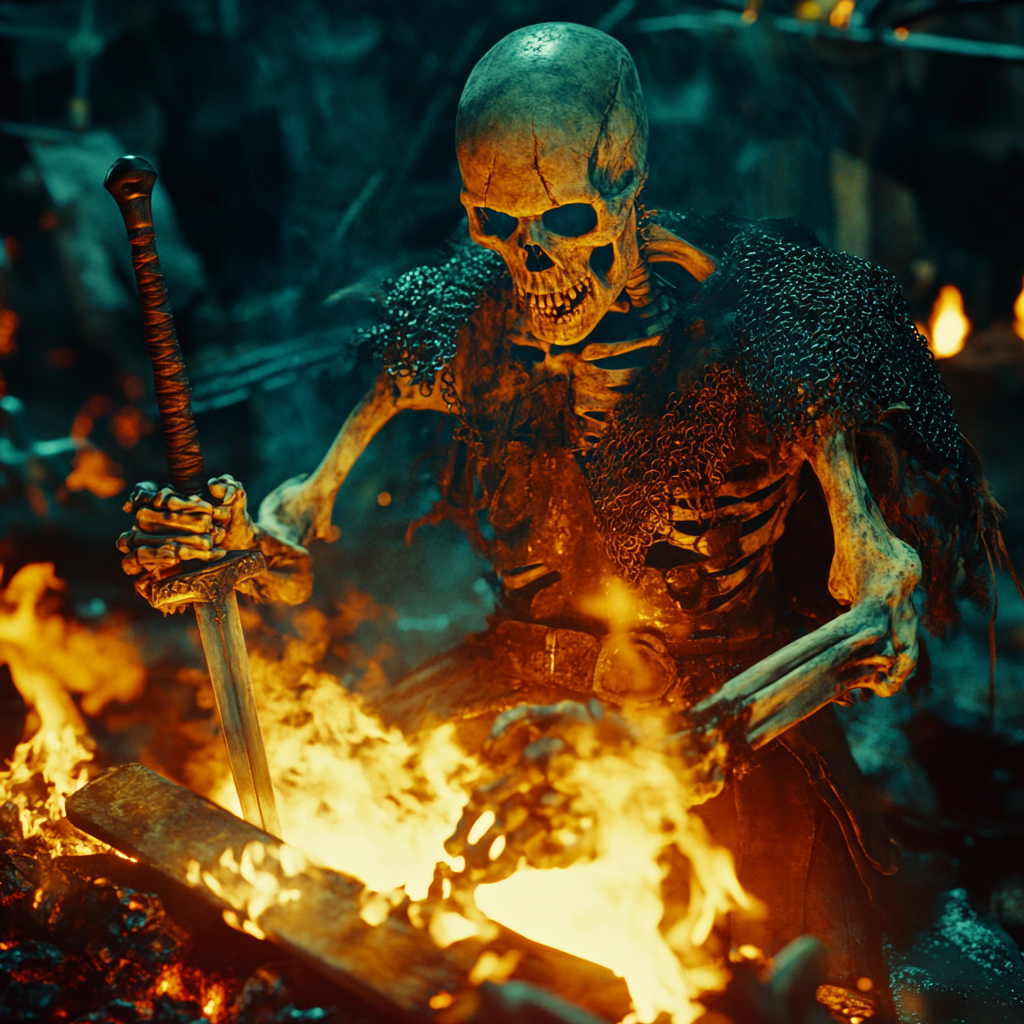 A Viking skeleton blacksmith crafting a flaming sword