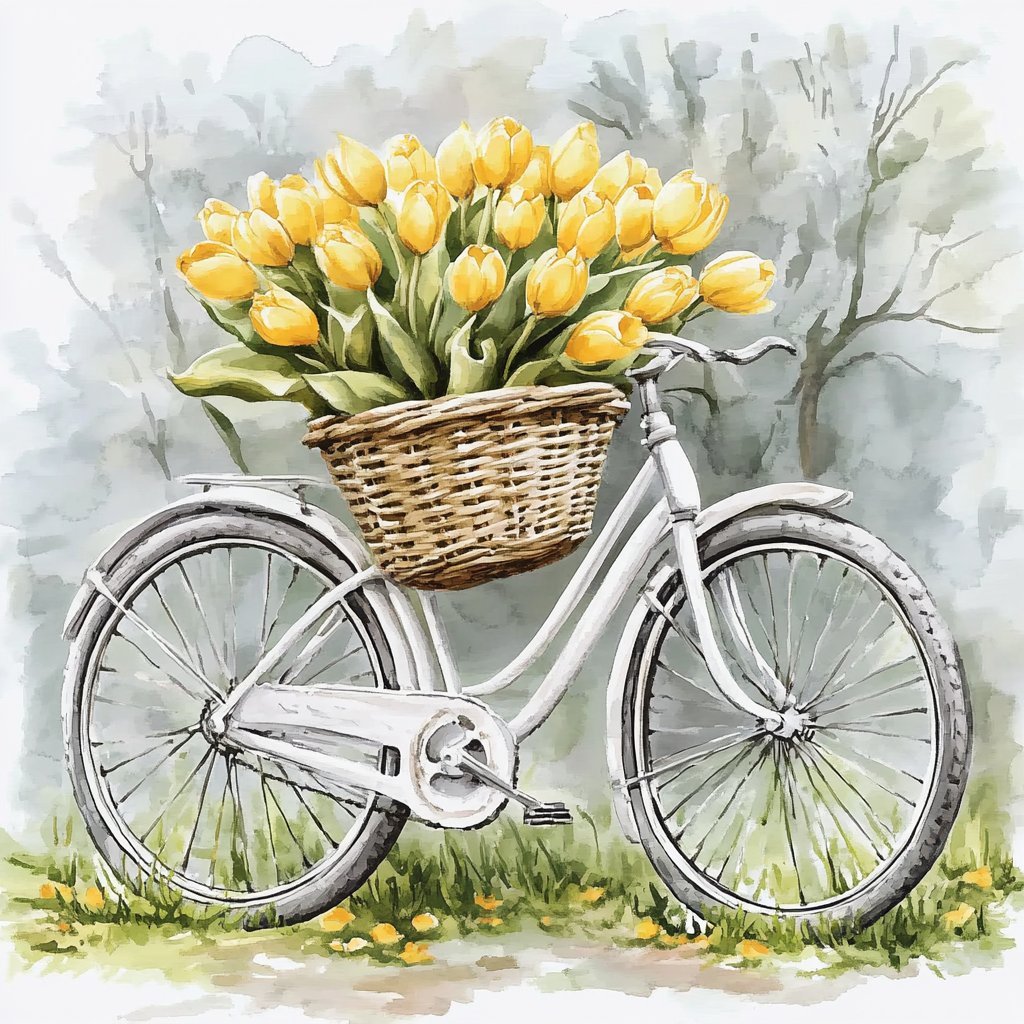 A Vintage Bicycle with Yellow Tulips