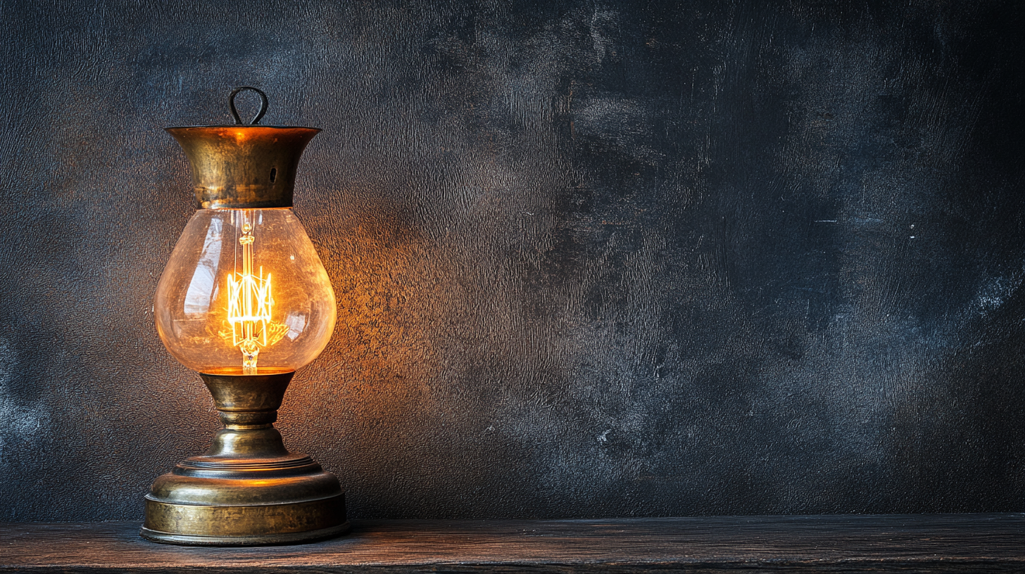 A Vintage Brass Lamp Glowing in Dark Room