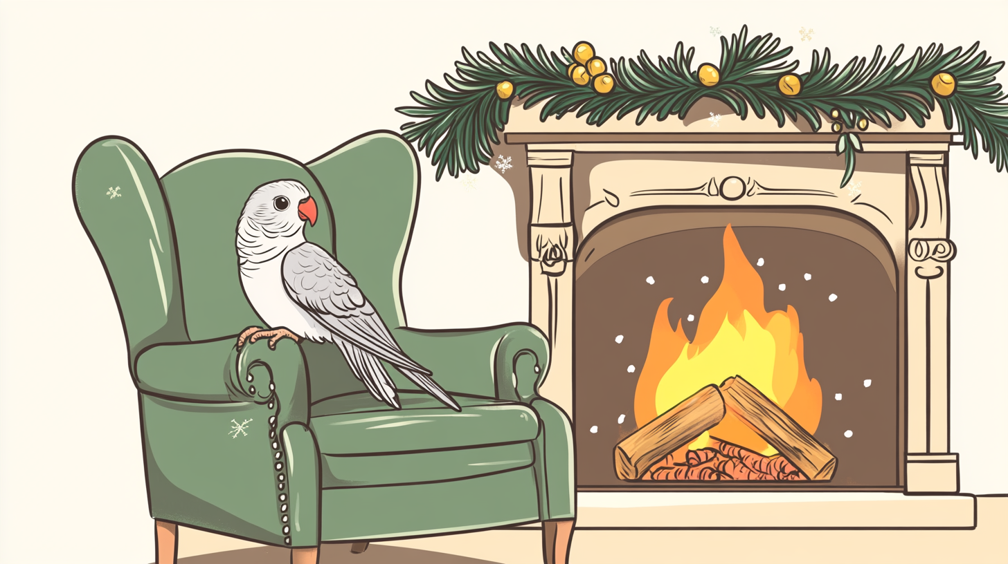 A Vintage Christmas Card with Cockatiel by Fireplace