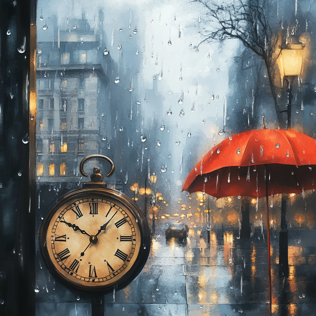 A Vintage Clock in Rainy Cityscape Scene