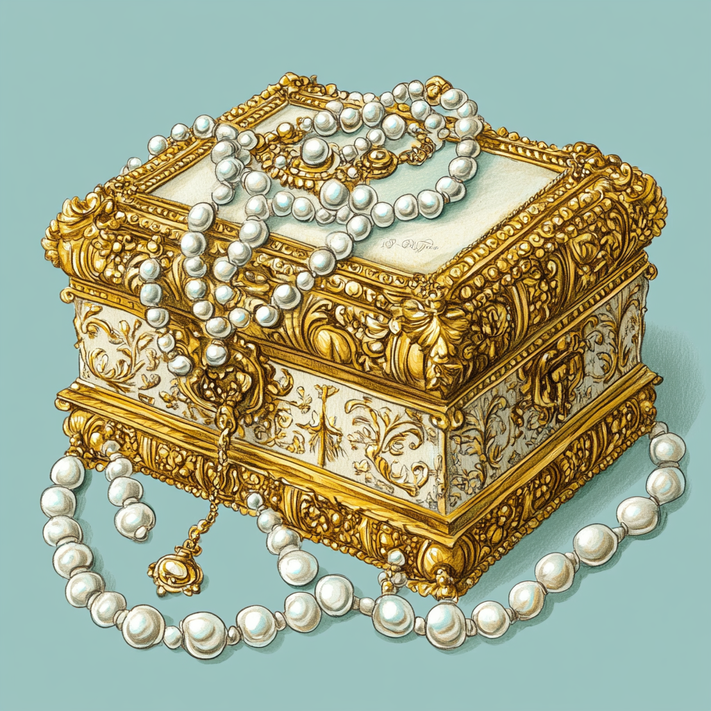 A Vintage Golden Treasure Box with Pearls and Gold