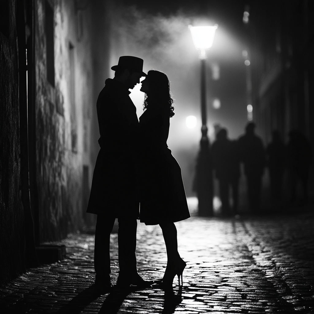 A Vintage Romantic Scene on Misty Cobbled Street