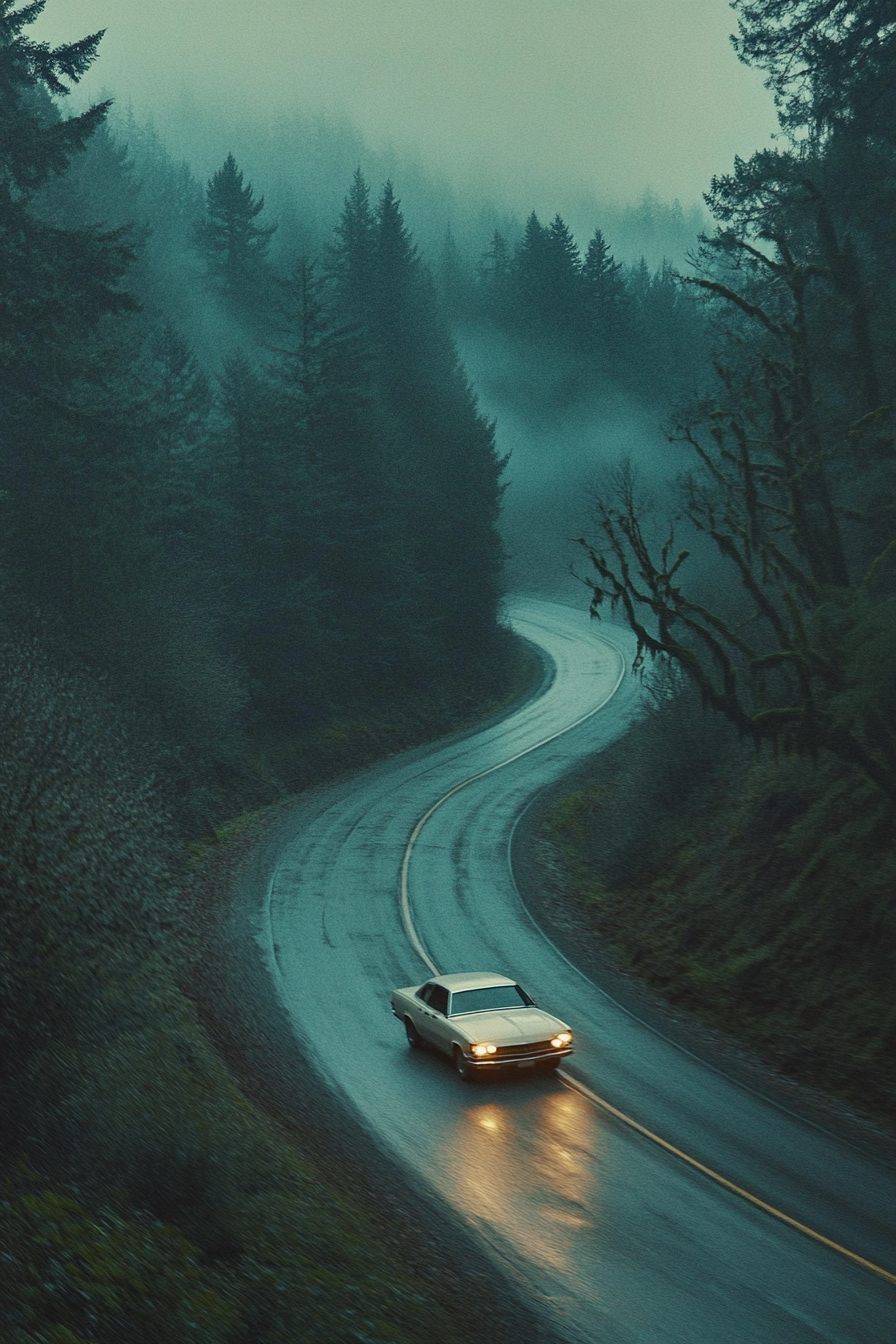 A Vintage Toyota Driving in Foggy Mountains