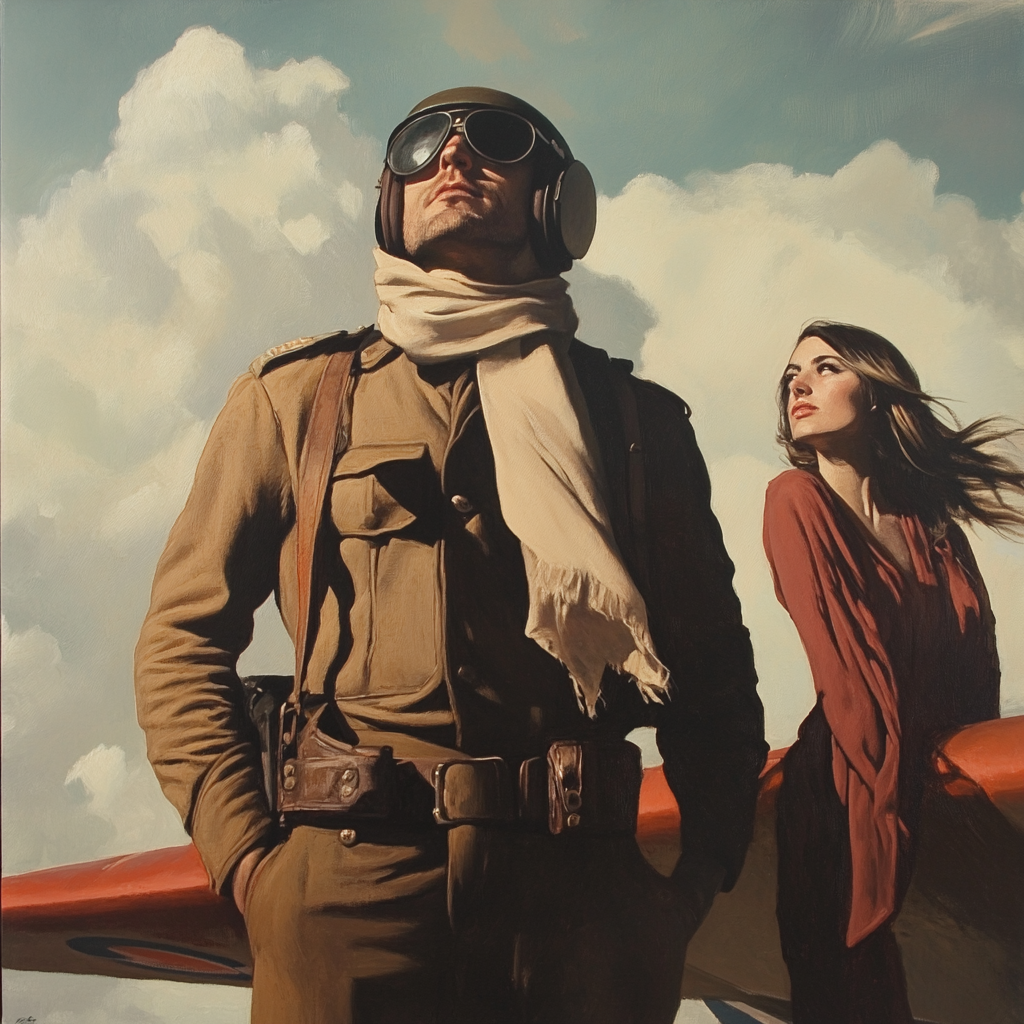 A WW1 pilot by his plane with a woman.