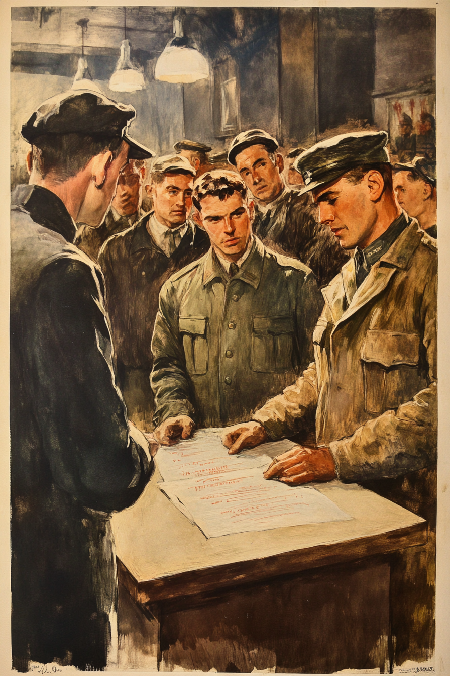 A WWI poster showing men registering for draft.