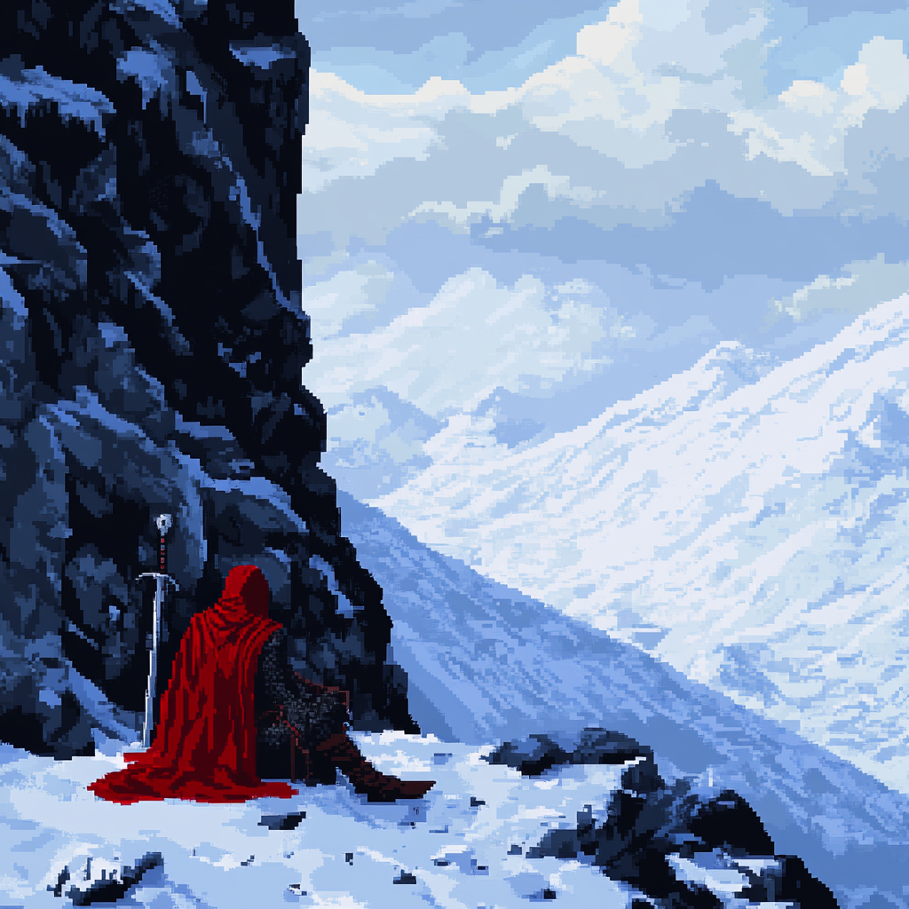 A Warrior Resting in Snowy Mountain with Red Cloak