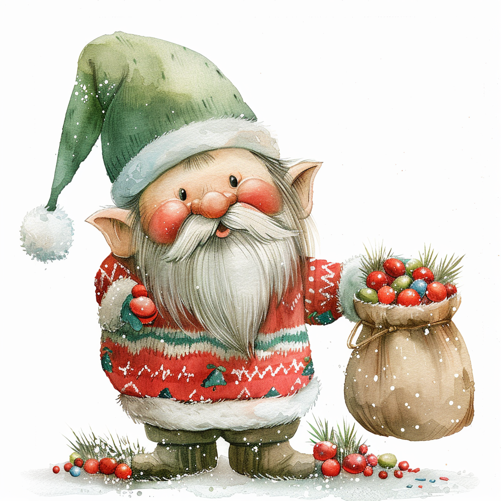 A Watercolor Christmas Gnome with Candy Sack Illustration