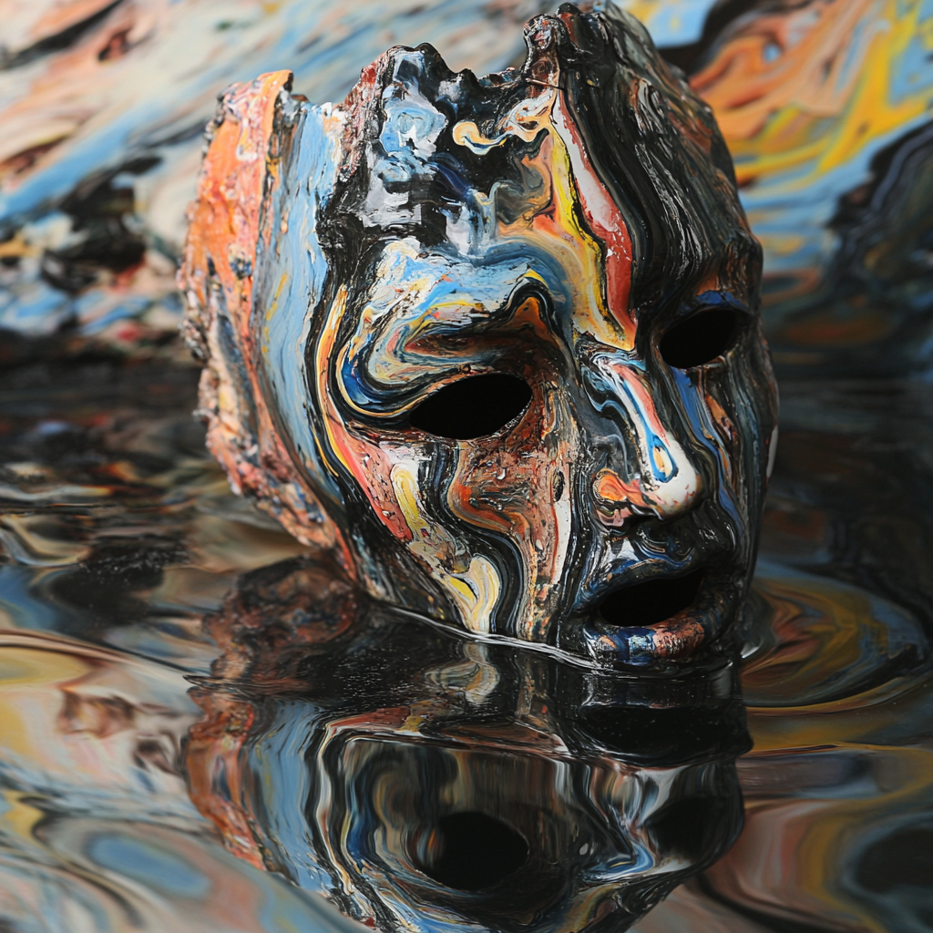 A Weird 3D Head Emerging from Colorful Liquid