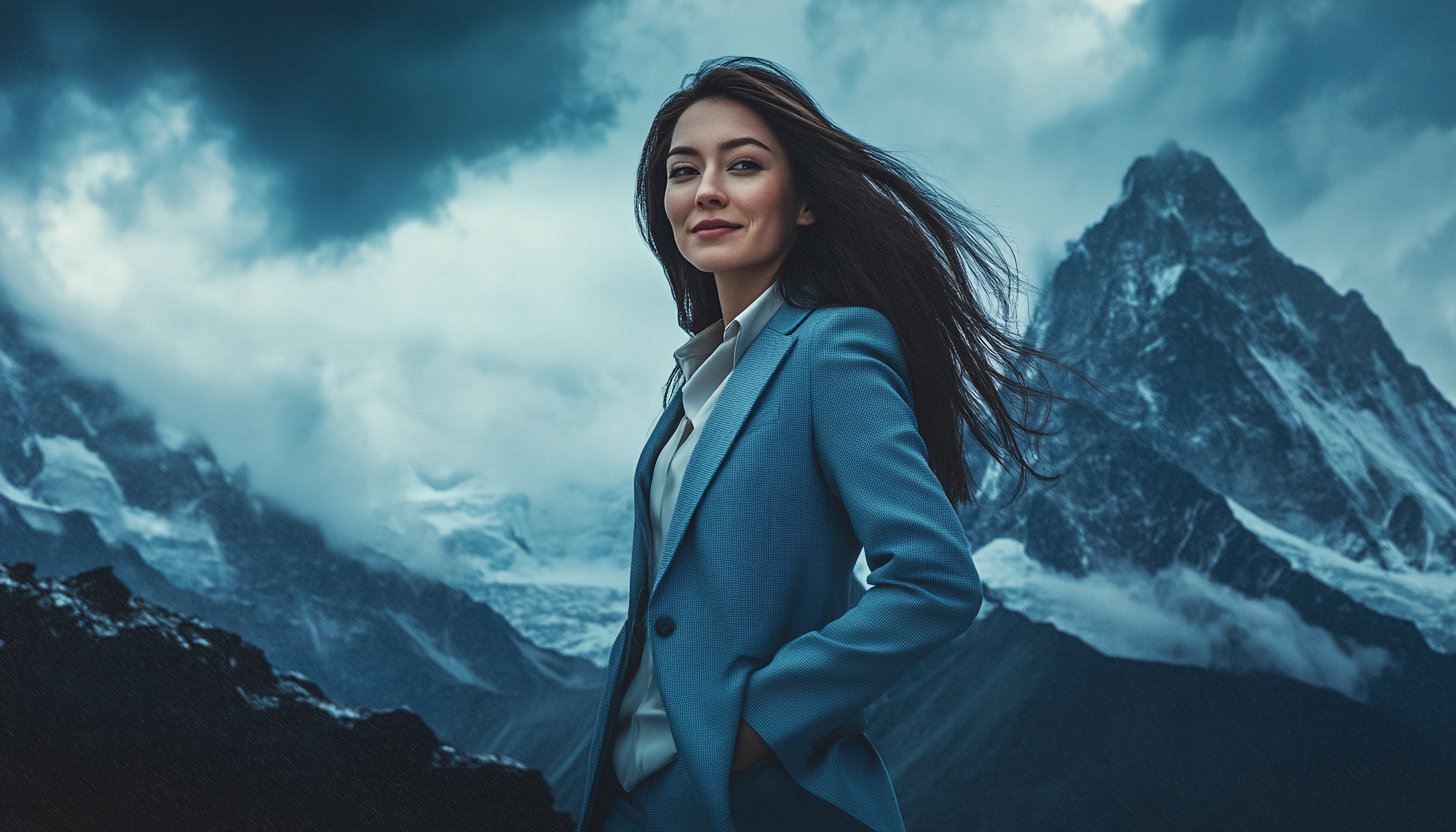 A Well-Dressed Female Lawyer Smiling on Mount Everest