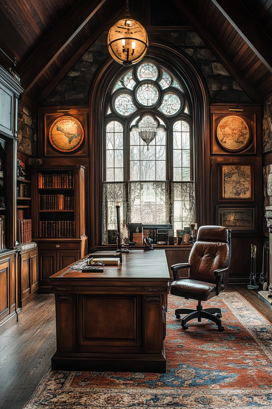 A Western Gothic themed study with ancient relics displayed.