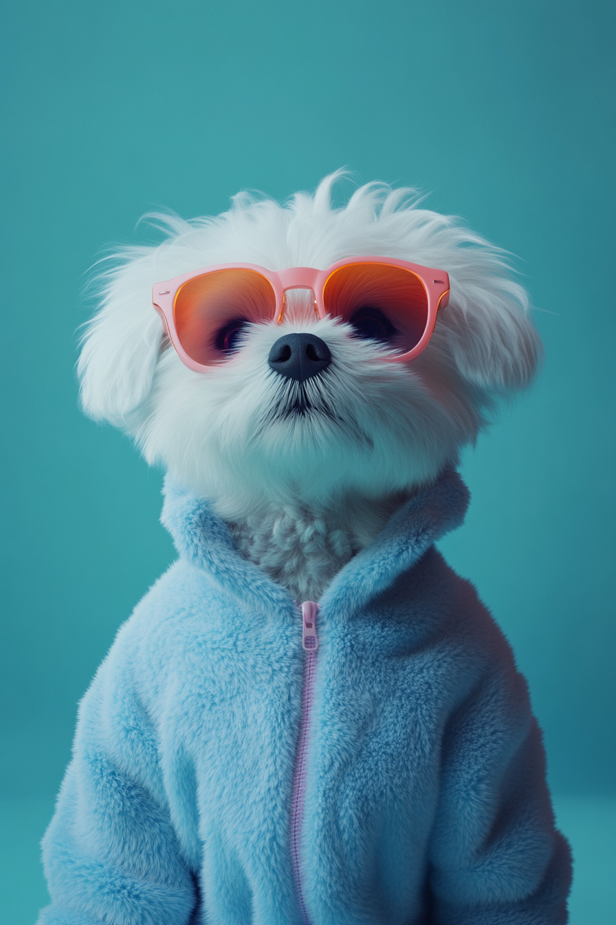 A White Dog in Lilac Tracksuit, Cute Portrait.