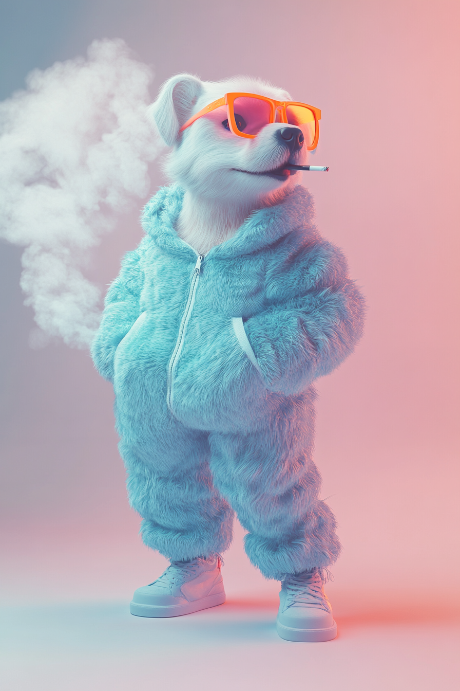 A White Fluffy Dog in Pastel Tracksuit