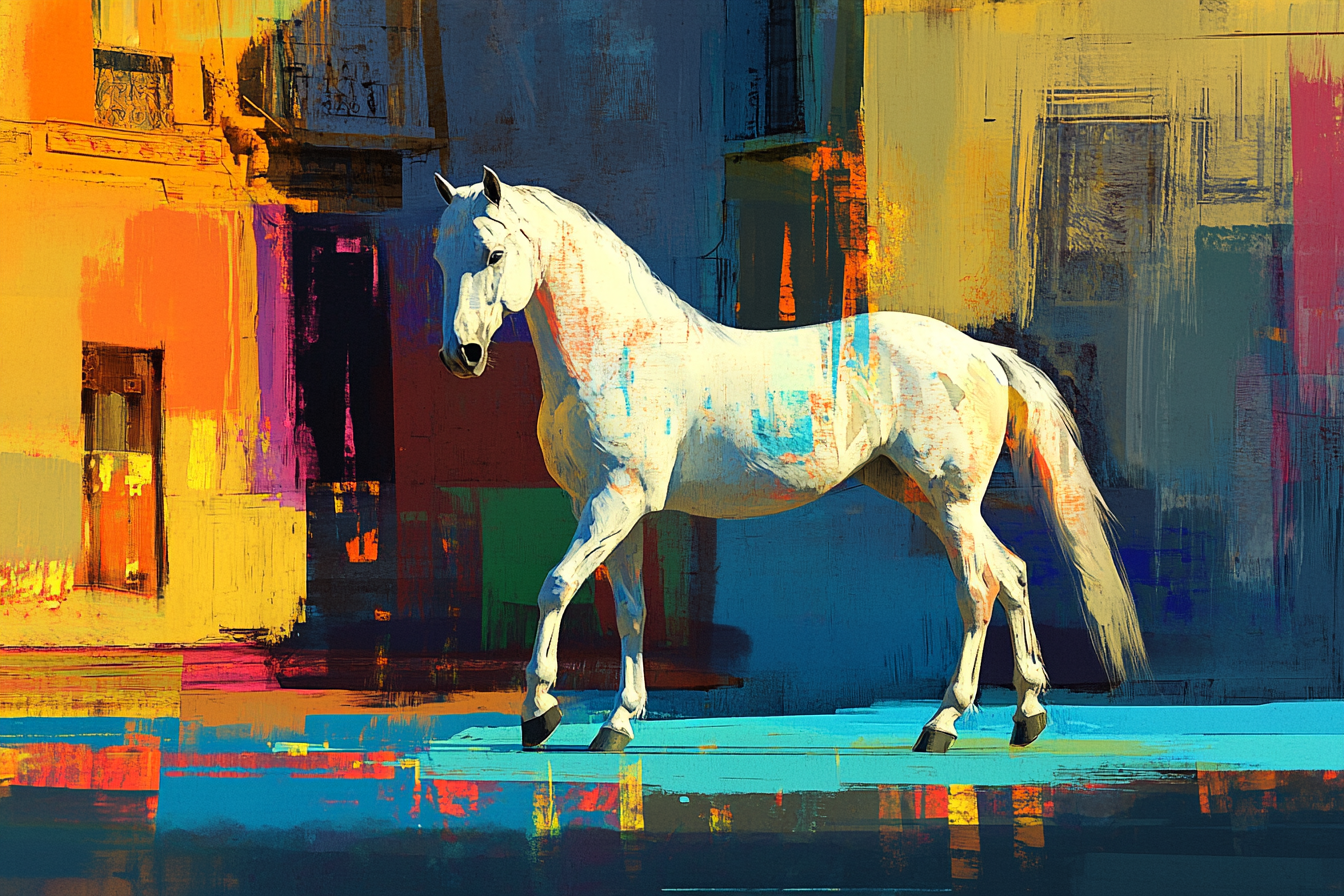 A White Horse Roaming in Early Morning City