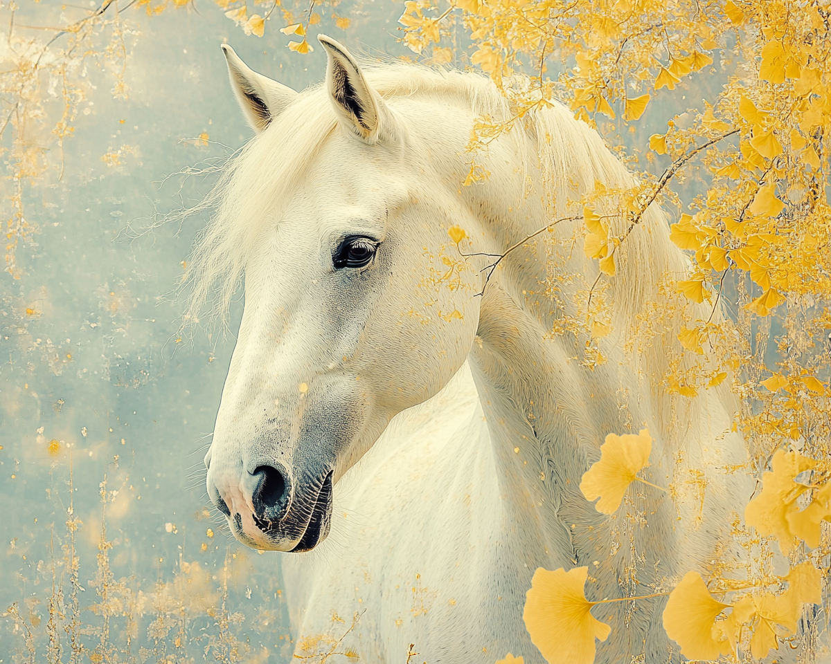 A White Horse by a Magnificent Ginkgo Tree