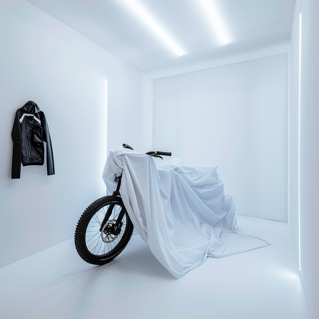 A White Room with Electric Bike and Winter Gear