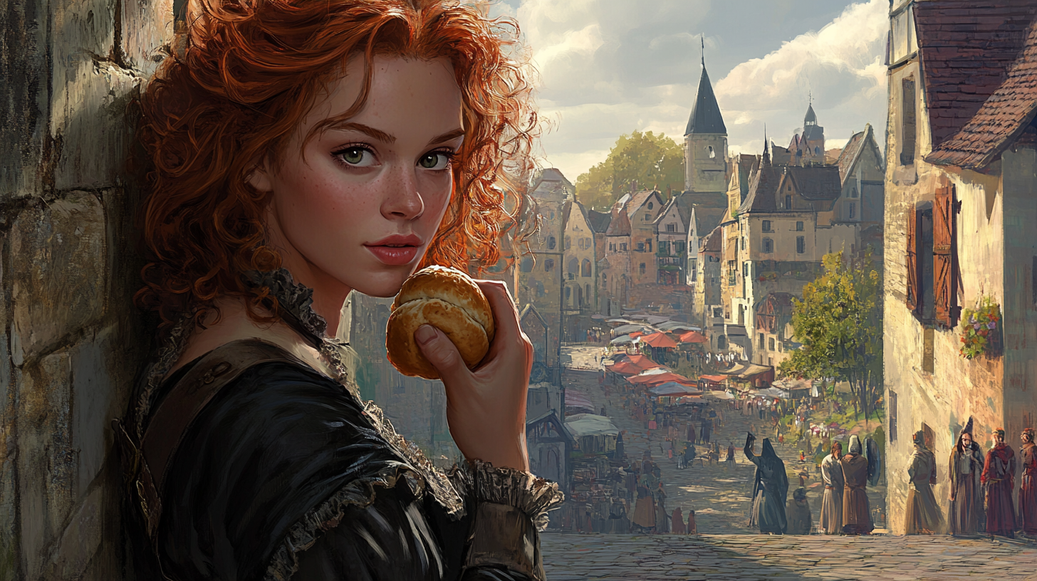 A Wistful Woman in Cobblestone Fantasy Town