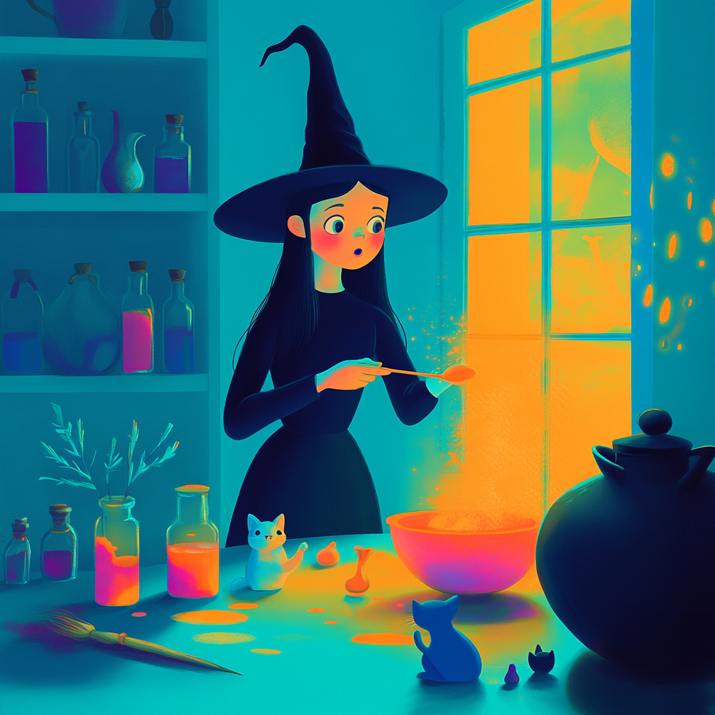 A Witch Mixing Potions in a Magical House.