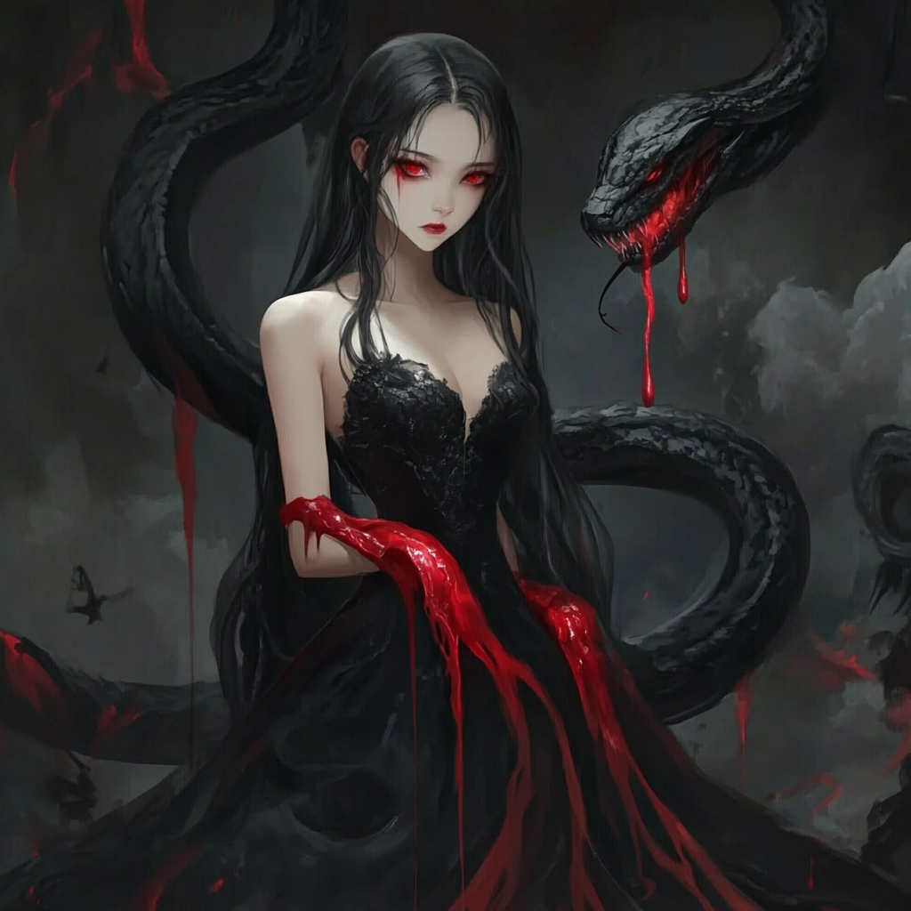 A Witch with Red Eyes and Black Serpent Monster