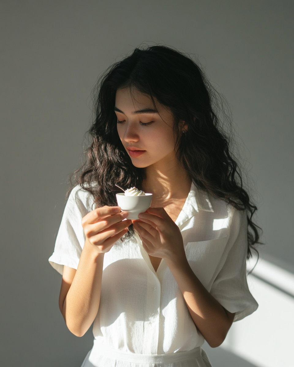 A Woman Eating Dessert in Modern Kitchen