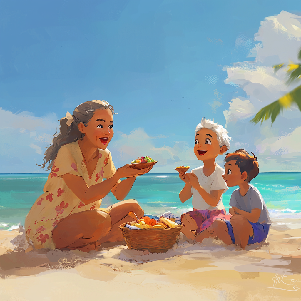 A Woman Eating Poke on Beach Surprises Family