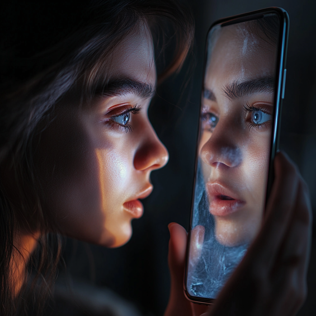 A Woman Gazing at Smartphone with her Reflection