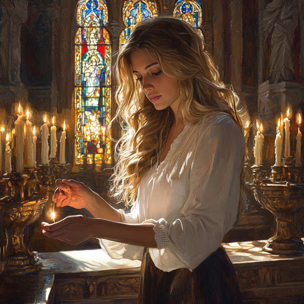 A Woman Lighting Candle in Tranquil Chapel