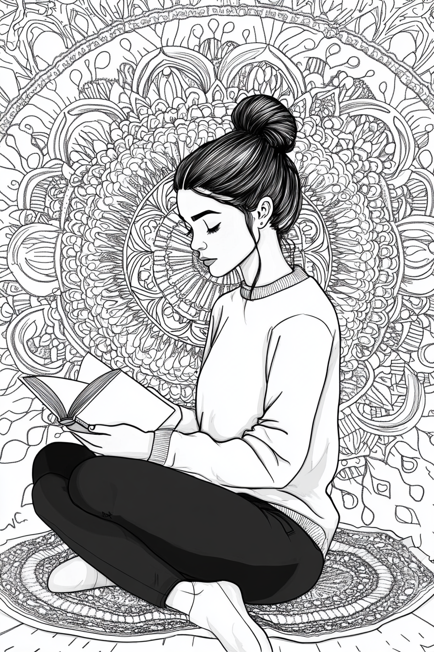 A Woman Reading in a Cozy Mandala Setting