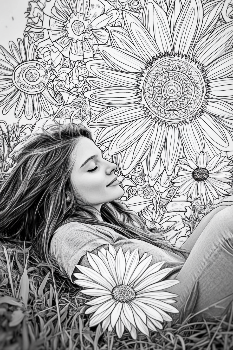 A Woman Relaxing in a Flower Field