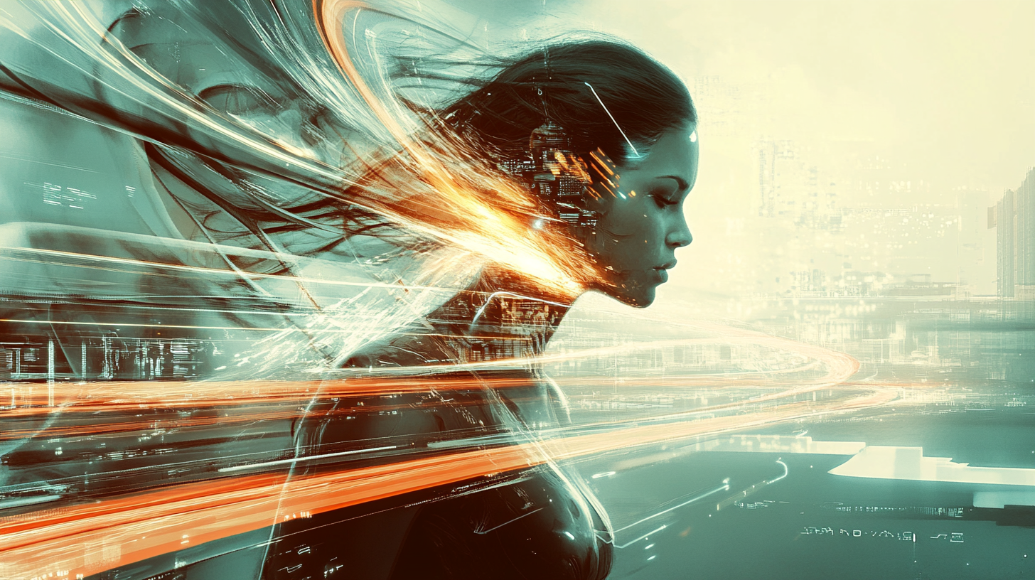 A Woman Riding Futuristic Electric Current Transformation