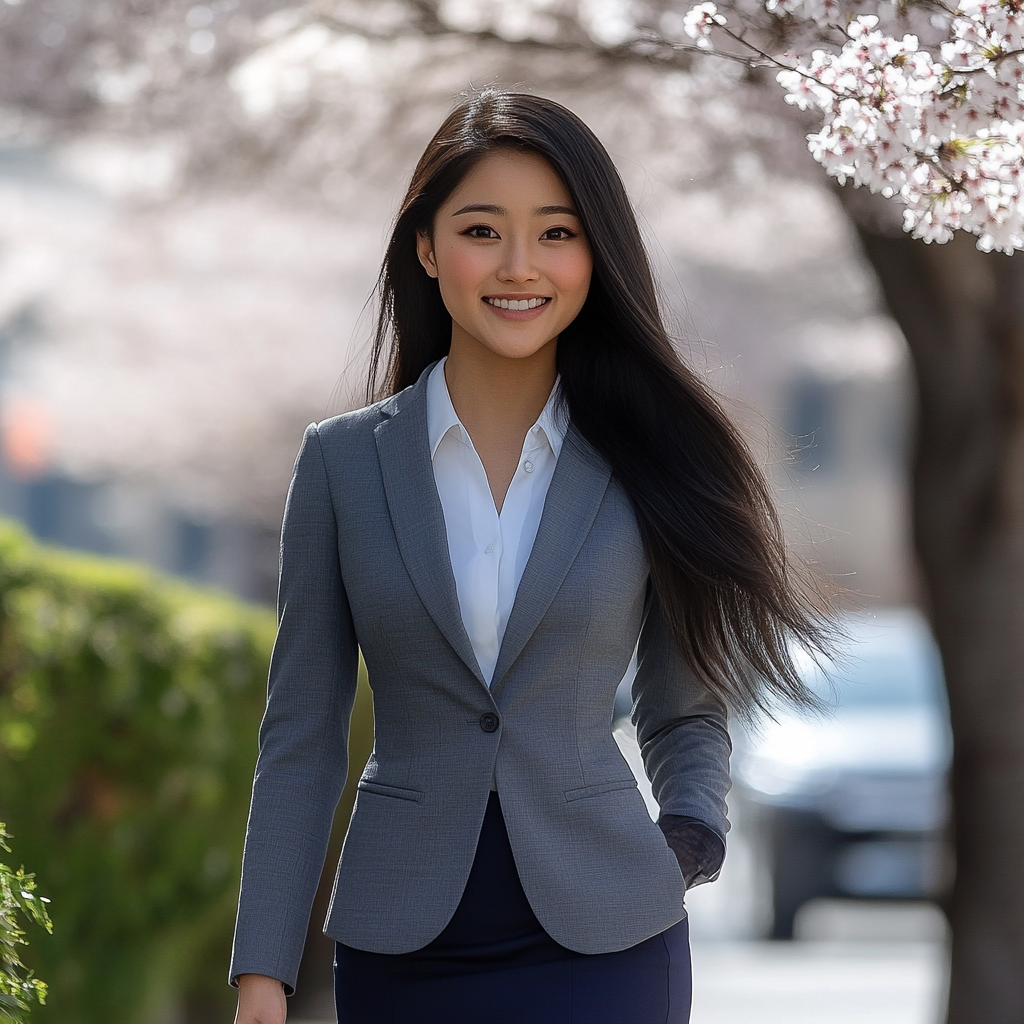 A Woman Smiling in Cherry Blossom Business District