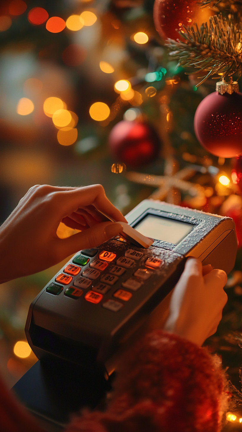 A Woman Using POS Machine in Christmas Shopping