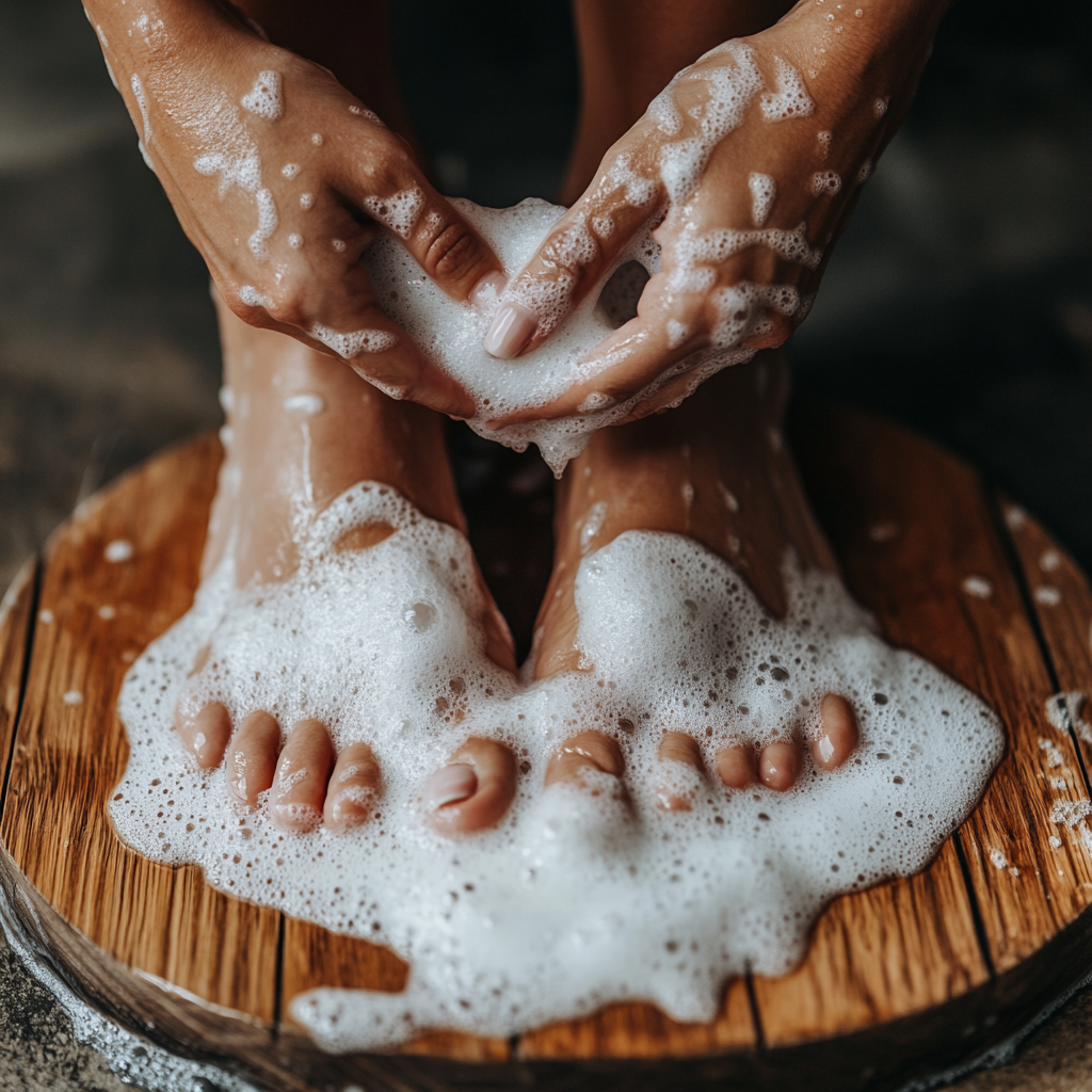 A Woman Washes Her Feet with Soap