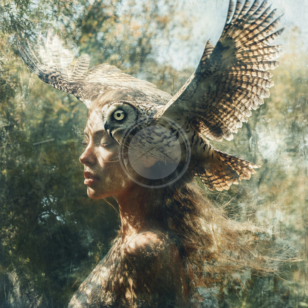 A Woman and an Owl in Flight Portrait