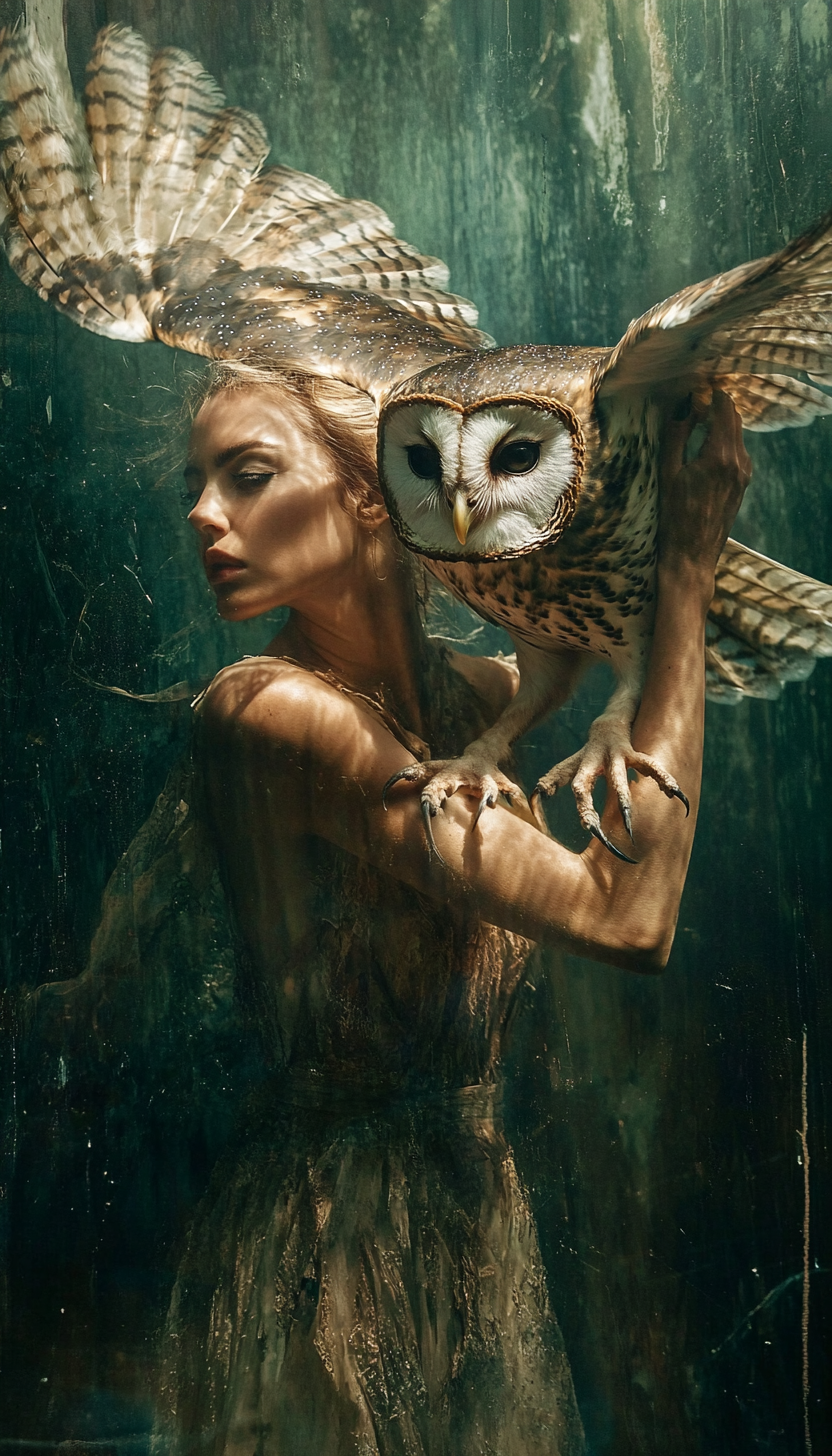 A Woman and an Owl in Flight