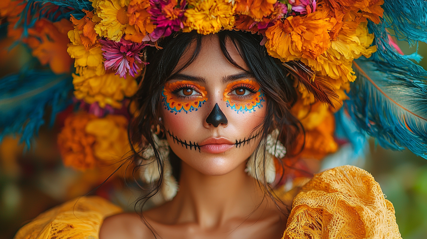 A Woman in Colorful Dress with Flower Headpiece