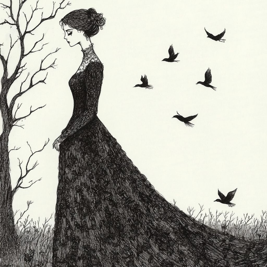 A Woman in Flowing Gown with Black Birds