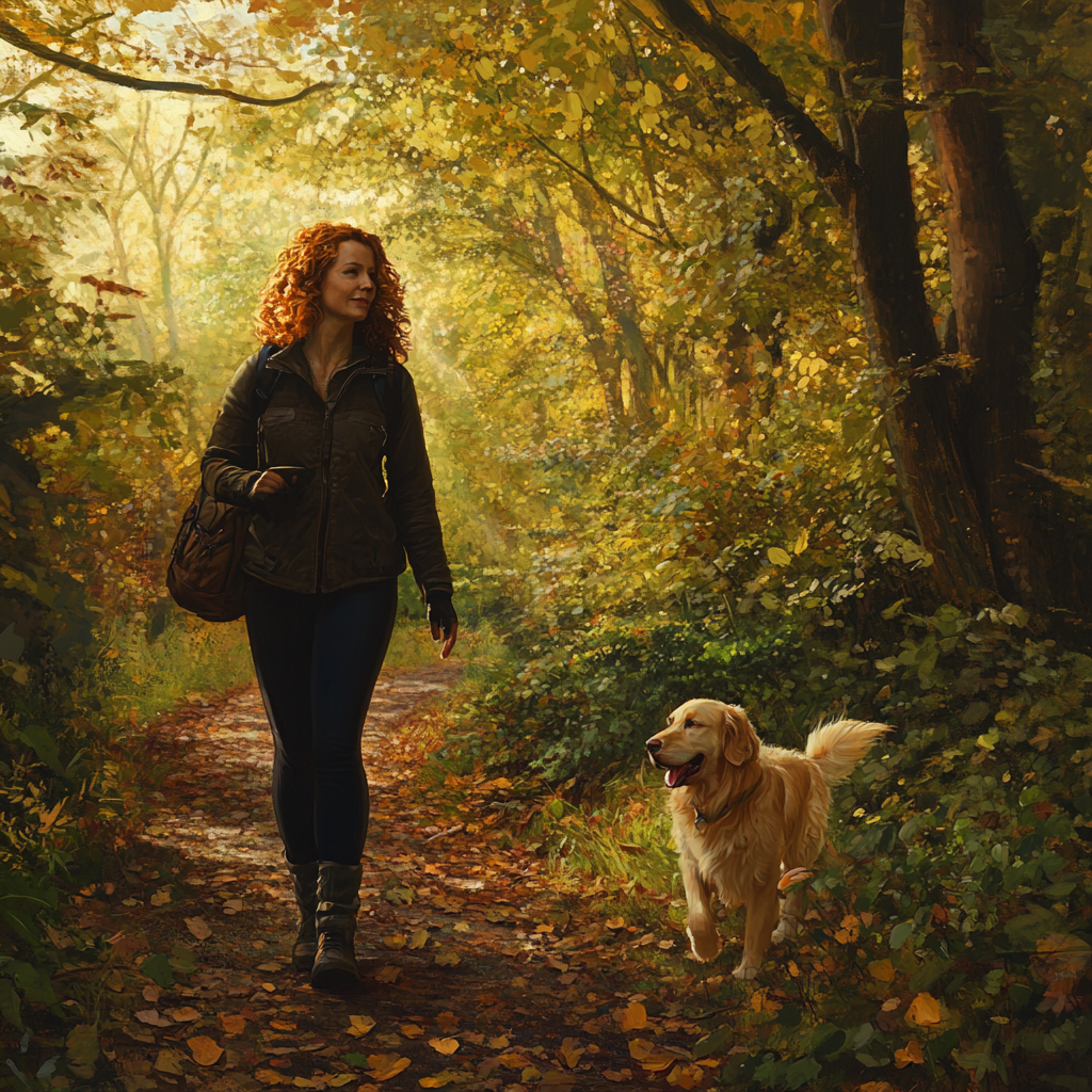 A Woman in Forest Path with Golden Retriever