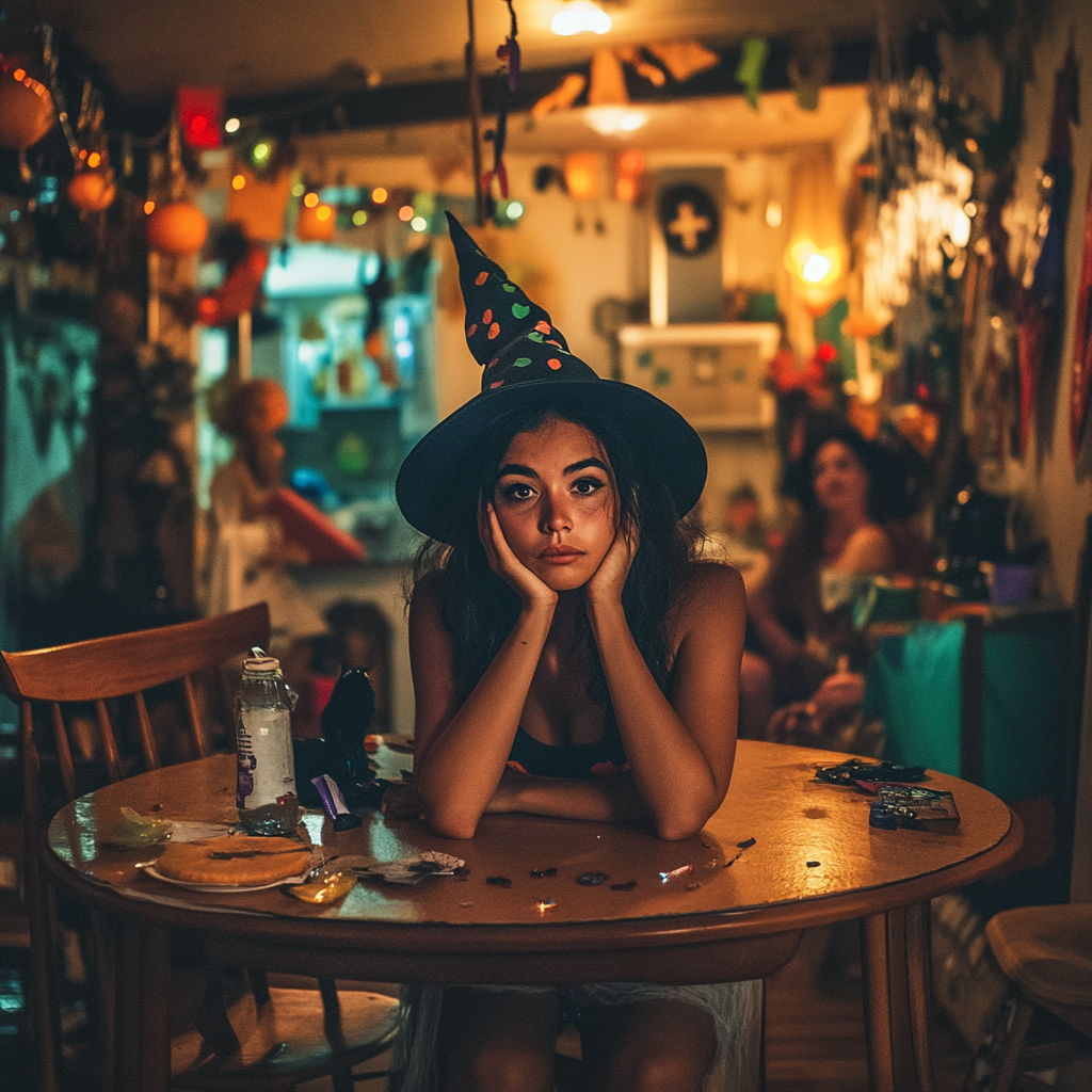 A Woman in Halloween Costume Tired at Celebration