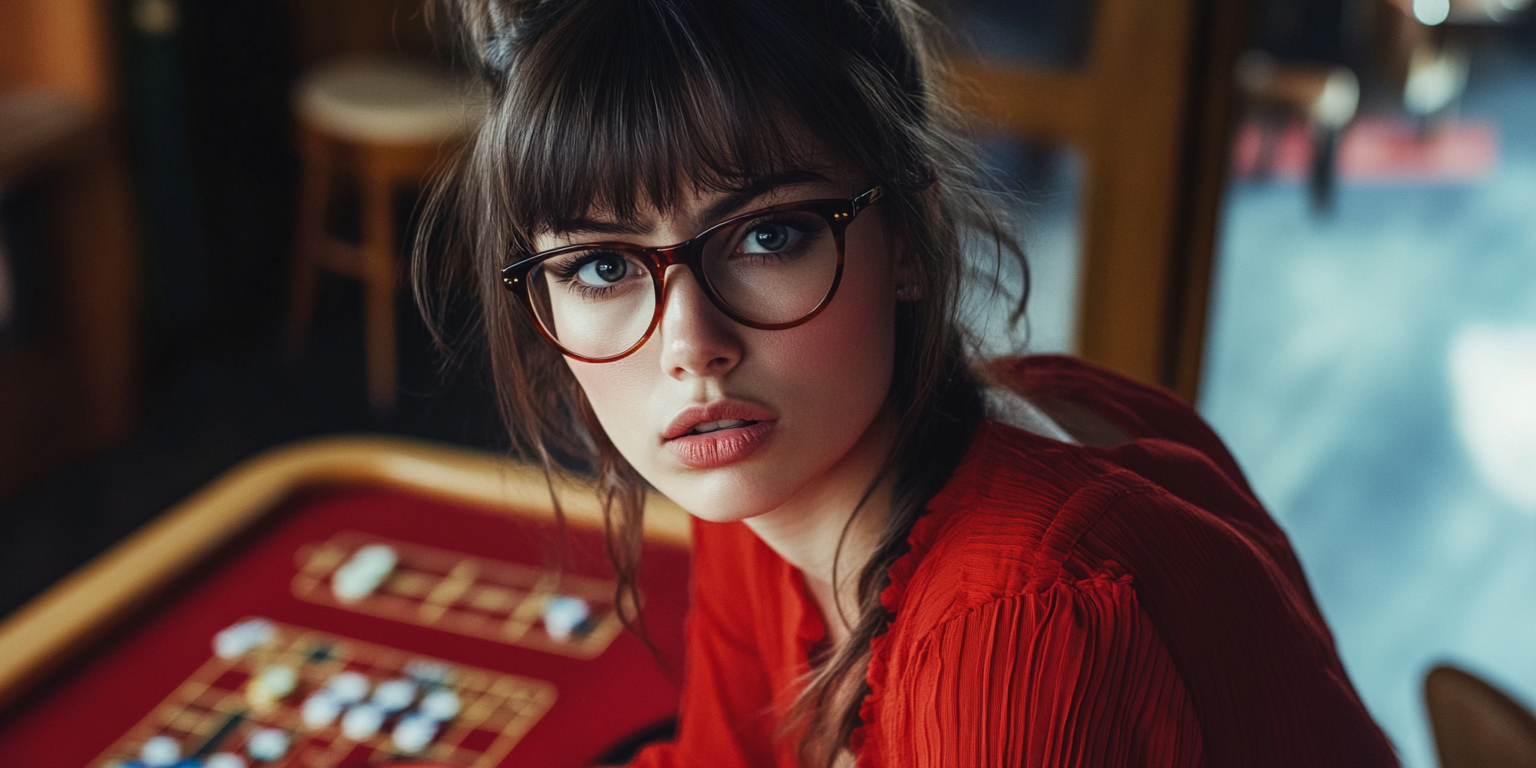 A Woman in Red Dress Playing Russian Roulette