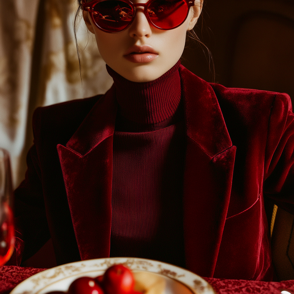 A Woman in a Red Blazer on a Holiday Table