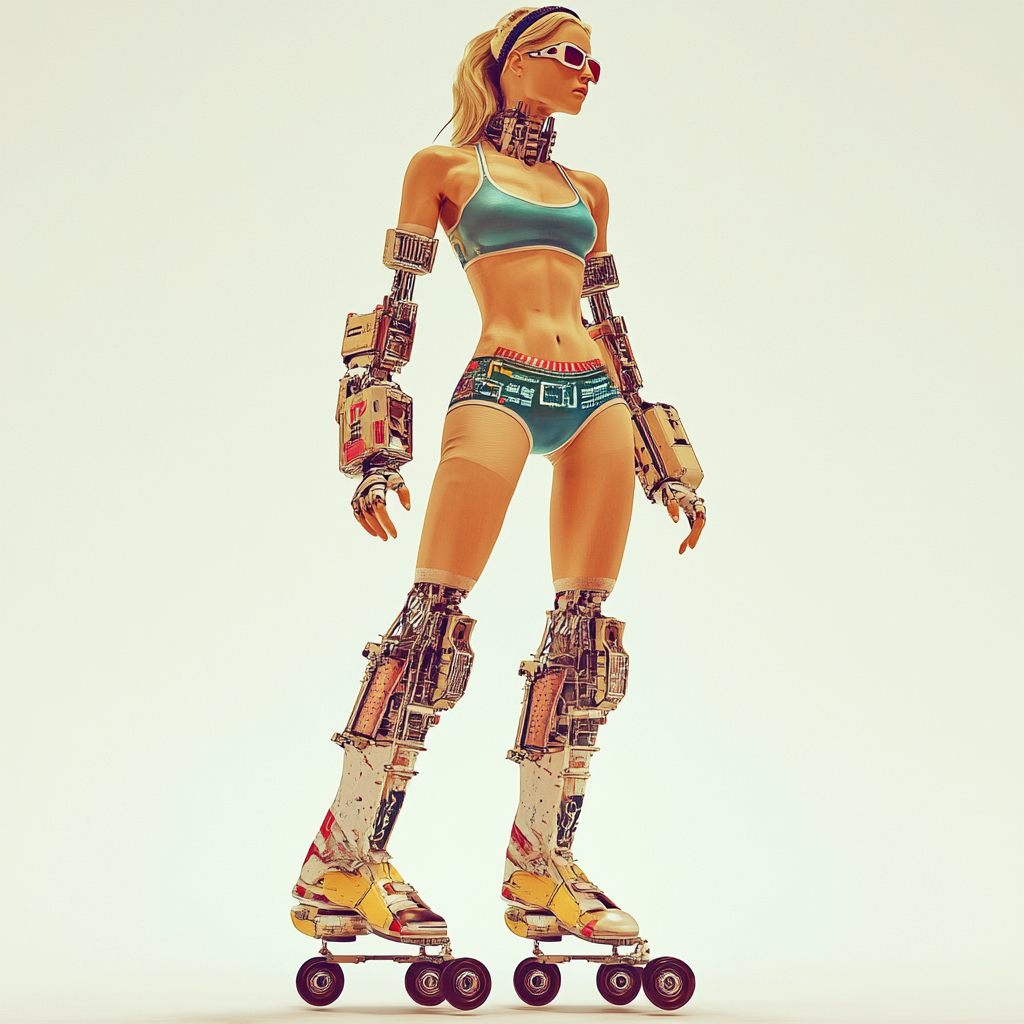 A Woman with Fembot Face Roller Skates Jogging