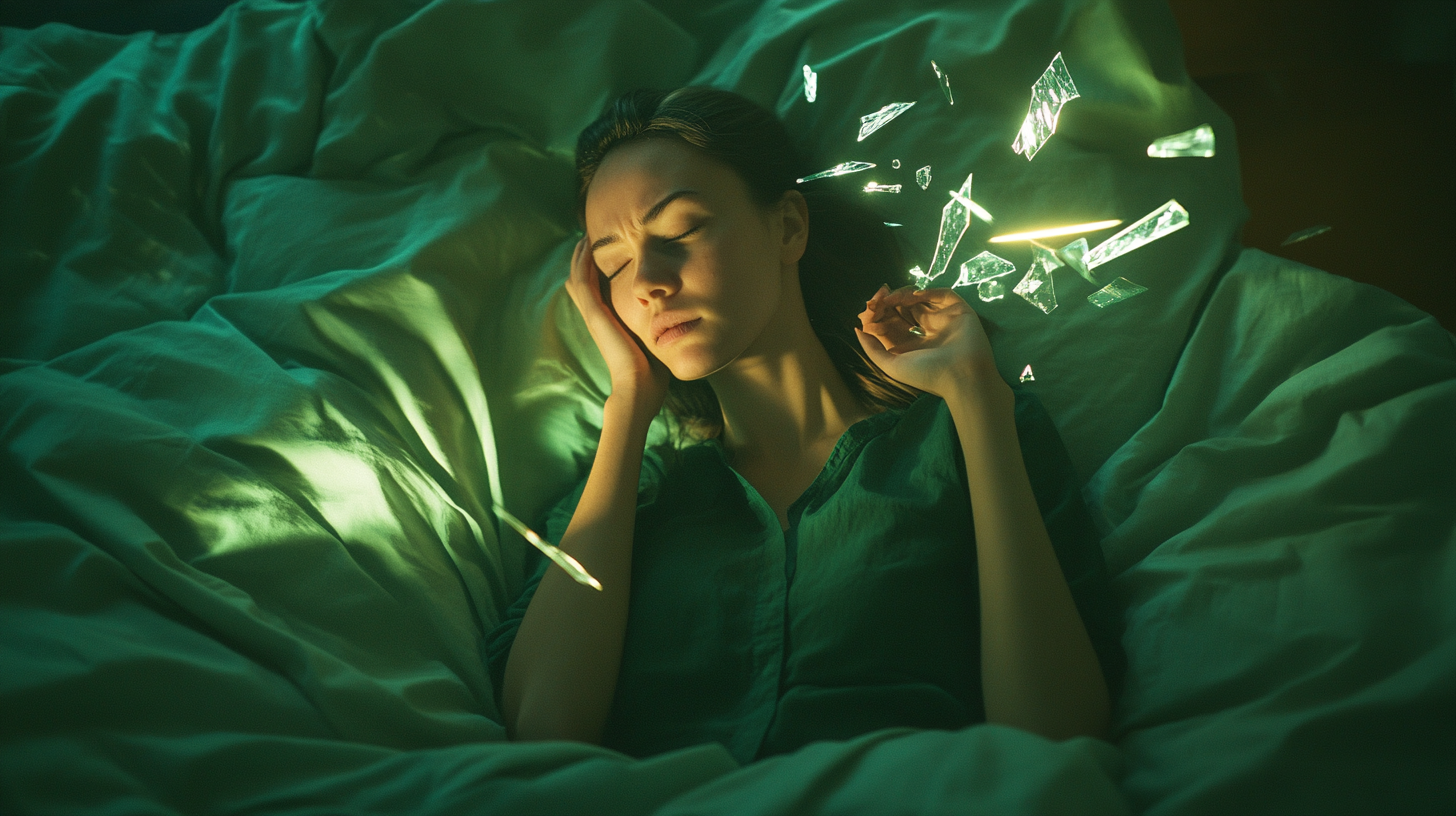 A Woman with sore throat surrounded by glass shards.