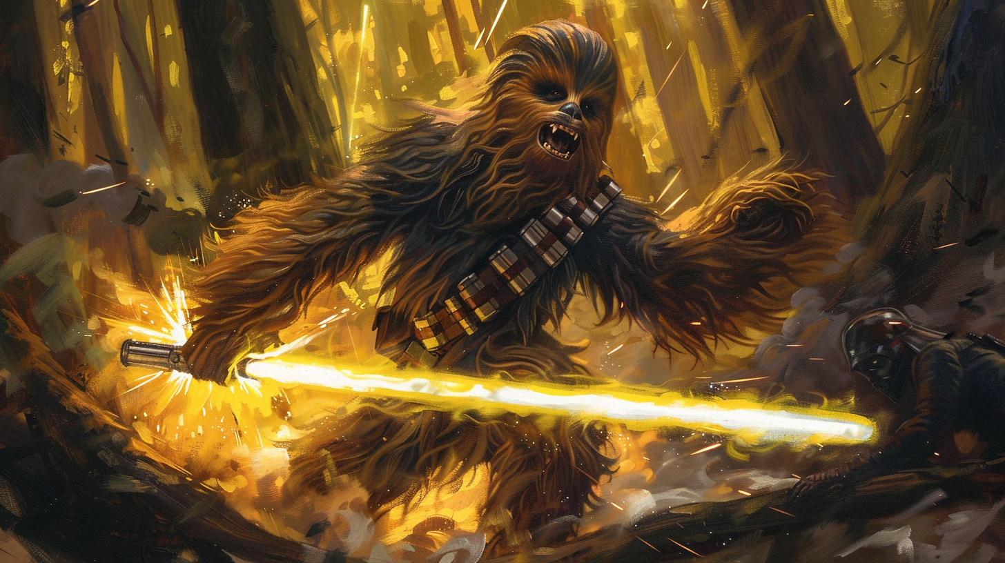 A Wookie Jedi battles Sith warrior in epic pose.