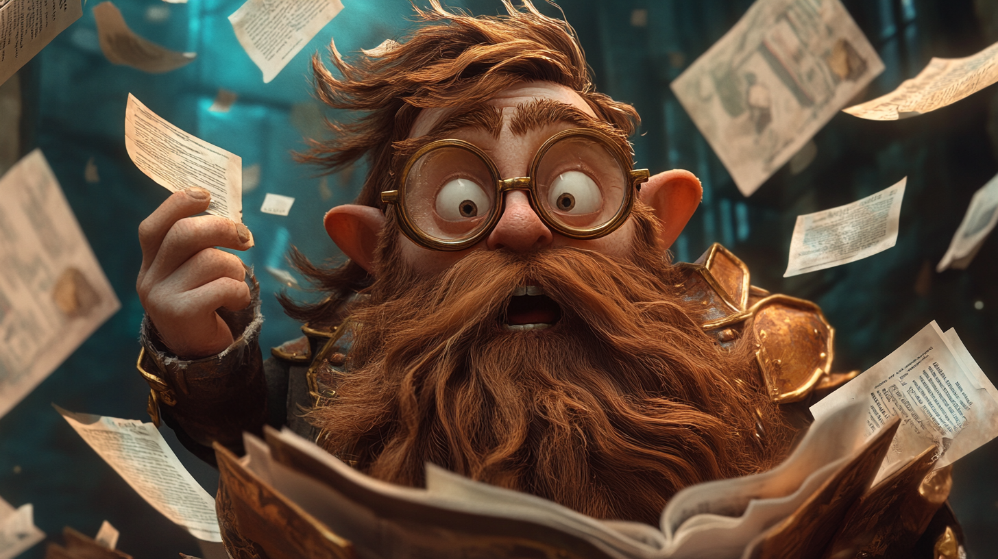 A Worried Dwarf Holding Shield Surrounded by Papers